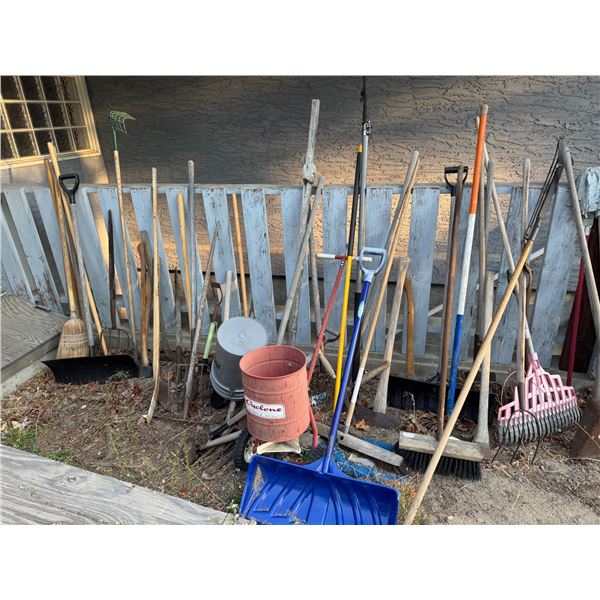 Garden tools and spreader, axes shovels, rakes pitchforks forks