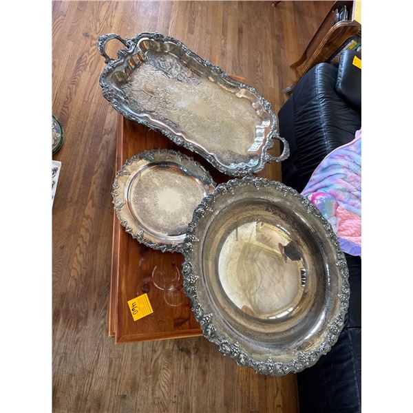 Silver plate, trays and bowl