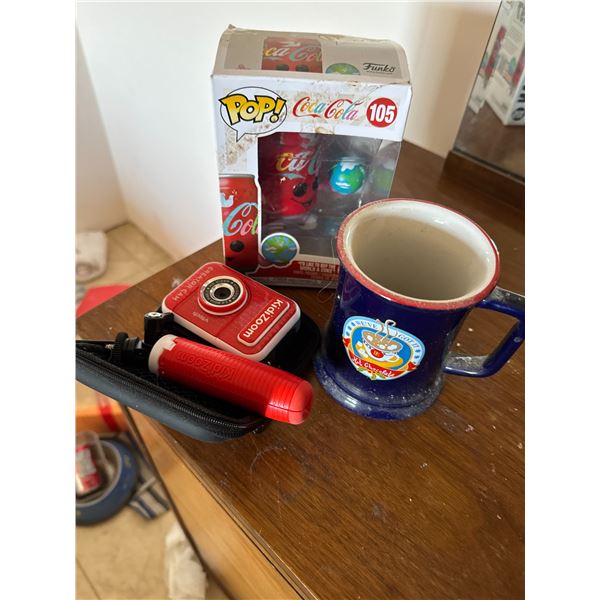 Pop coca-Cola collectible mug, and kids Zoom camera