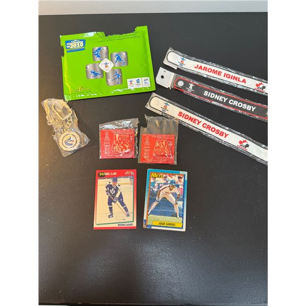 Assorted sports lot 2010 Olympics baseball card hockey card pins