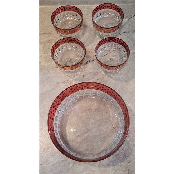 Cranberry glass & gold 5 pc. dessert set (bowl 7 1/2" dishes 3 1/2" diameter