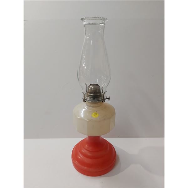 Red & White oil lamp with globe