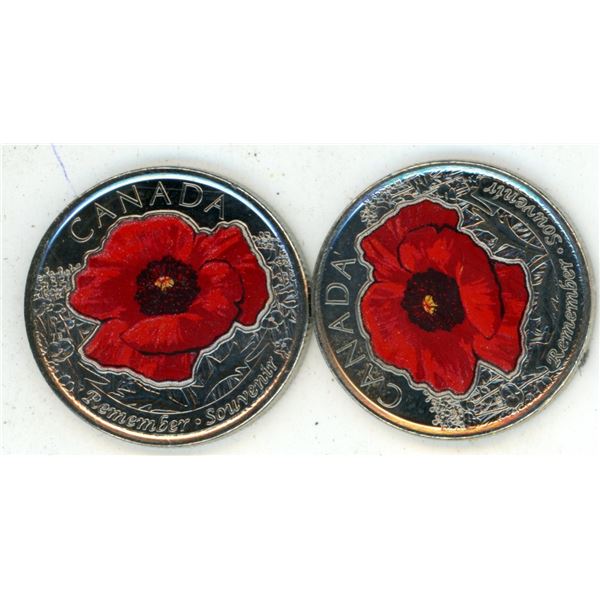 (2) Colored Canadian 25 Cent Coins Remember Souvenir Poppy Design