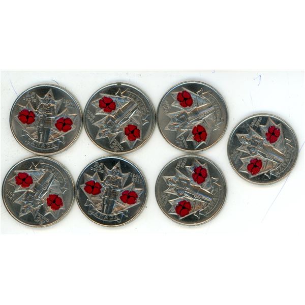(7) Canadian 25 Cent Coins 1945-2010 Double Poppy Veteran Colored Design