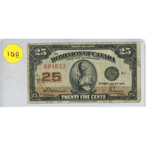 1923 Dominion of Canada 25 Cents Shinplaster.