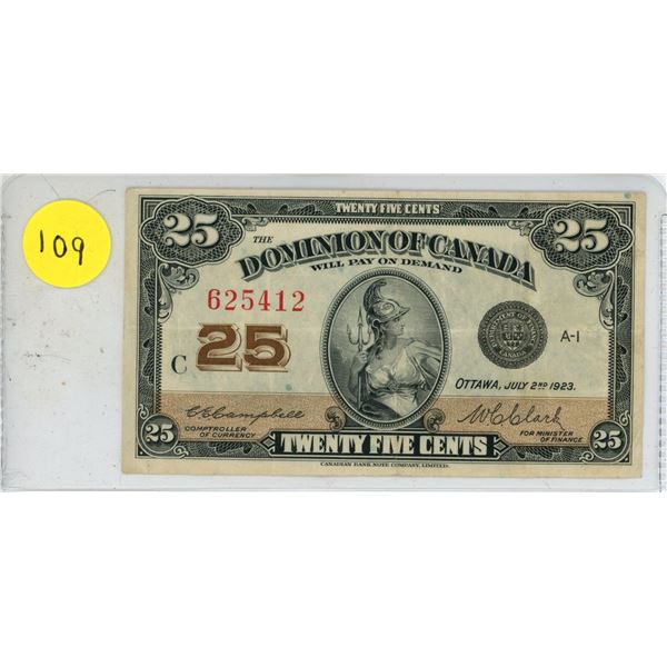 1923 Dominion of Canada 25 Cents Shinplaster.
