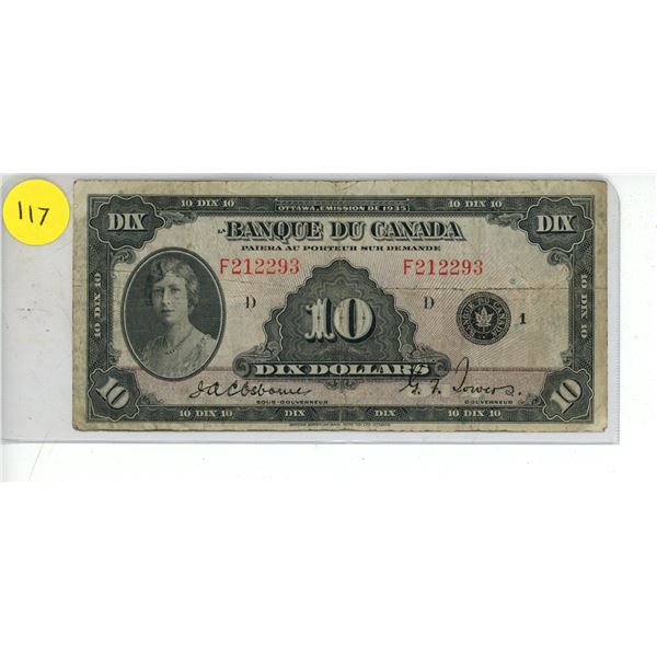 1935 Bank of Canada Ten Dollar Banknote. (French version featuring Princess Marie)
