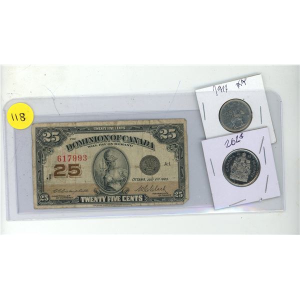 1923 Dominion of Canada 25 Cents Shinplaster, 1973 Canada 25 Cents and 2023 Canadian 50 Cents Coin.