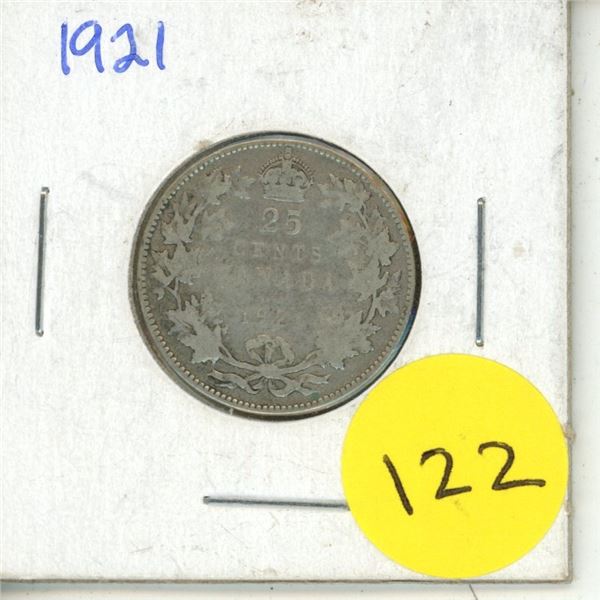 1921 Canada Silver 25 Cents Coin.