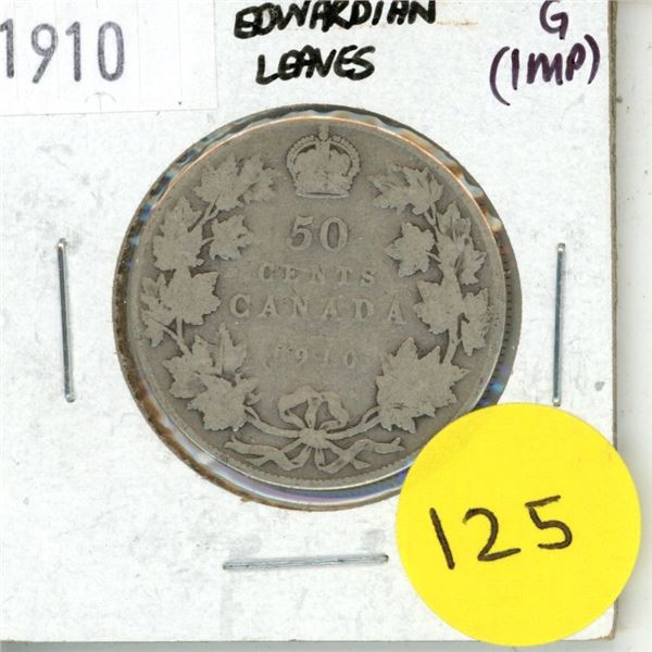1910 Canada Silver 50 Cents Coin.