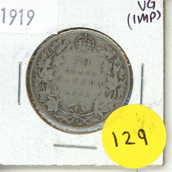 1919 Canada Silver 50 Cents Coin.