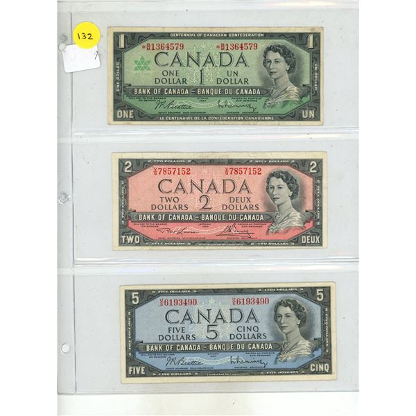 1954 Canadian Two, Five Dollar and 1967 Canadian One Dollar.