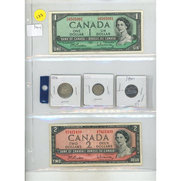 1954 Canadian One and Two Dollar, 1954 Canadian 5, 10, 25 Cents Coins.