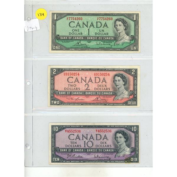 1954 Canadian One, Two, Ten Dollars.