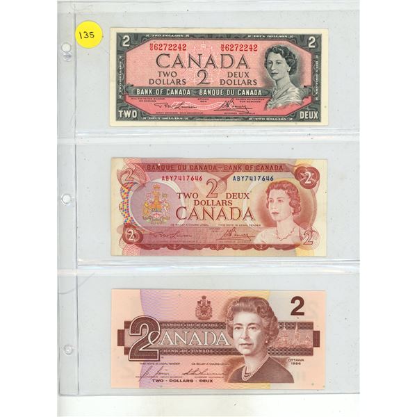 1954, 1974, 1986 Canadian Two Dollars.