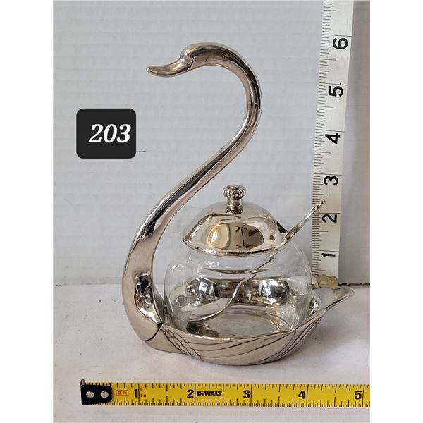 Vintage Elegance silverware jam set. Glass bowl, silver plated swan, cover & spoon.