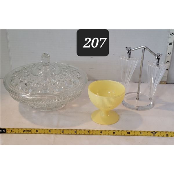 Federal glass Windsor crystal, button/ cane candy dish. Vtg. Saguenay depression glass yellow desert