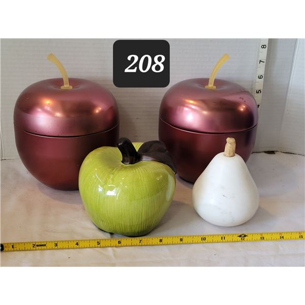 Group of apples. 2 metal container apples, stone pear, ceramic green apple.