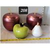 Image 1 : Group of apples. 2 metal container apples, stone pear, ceramic green apple.