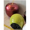 Image 3 : Group of apples. 2 metal container apples, stone pear, ceramic green apple.