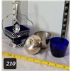 Image 1 : Vintage cobalt blue glass inserts in Sugar bowl & silver apple jam pot.
