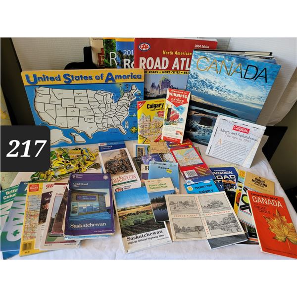 Vintage city & province road maps. Hard cover Canada books & wooden USA states puzzle.