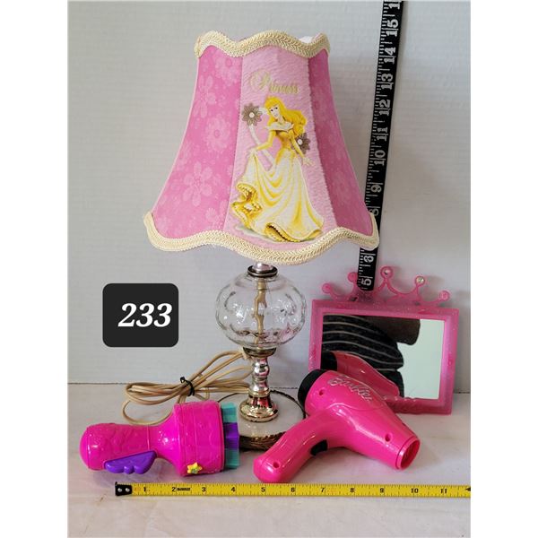 Vintage lamp with princess shade, mirror, curler, & battery operated hair blower.