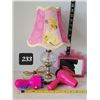 Image 1 : Vintage lamp with princess shade, mirror, curler, & battery operated hair blower.