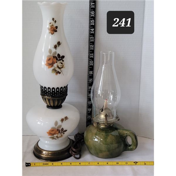 Stone, finger oil lamp & electric floral, milk glass lamp.