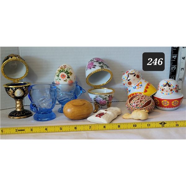 Matryoshka S&P shakers, blue glass egg cups, egg trinket boxes & Ukrainian eggs.