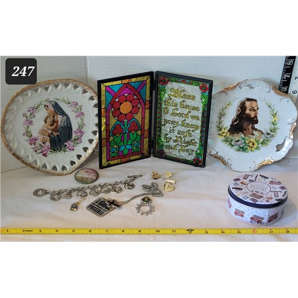 Religious Jewelry, plates & stained glass plaque.