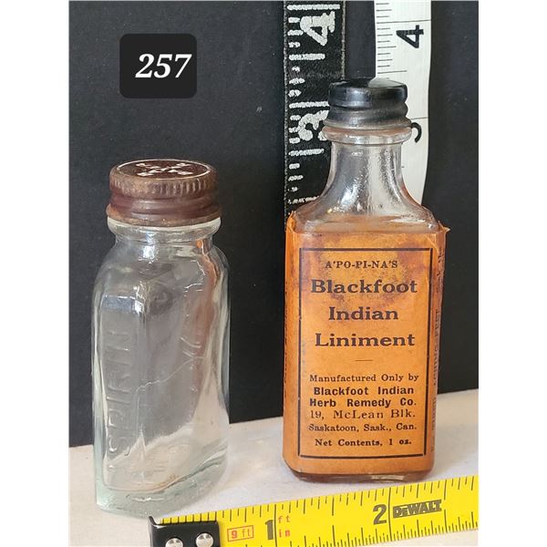 Vtg. Bottle of Blackfoot Indian herbal liniment. Embossed bottle Bayer Asperin.