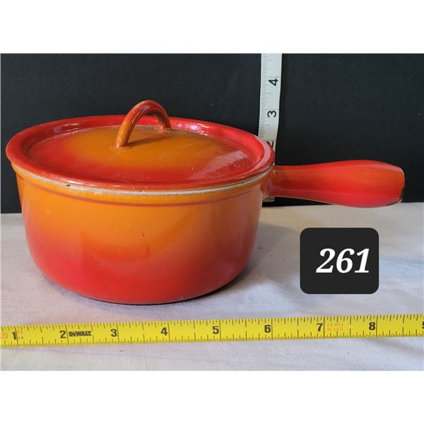 Vtg. Descoware enameled cast iron sauce pan. Flame orange. Belgium made.