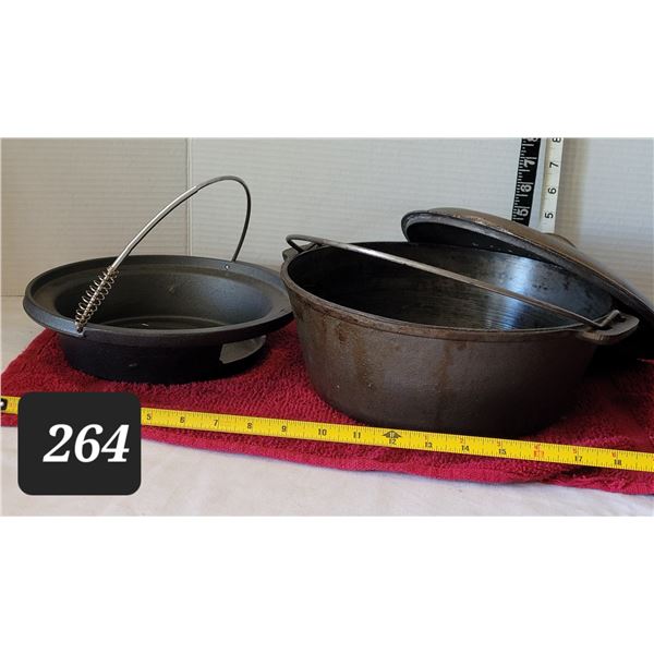 Cast iron cooking pot & lid. Cast iron ash basket.