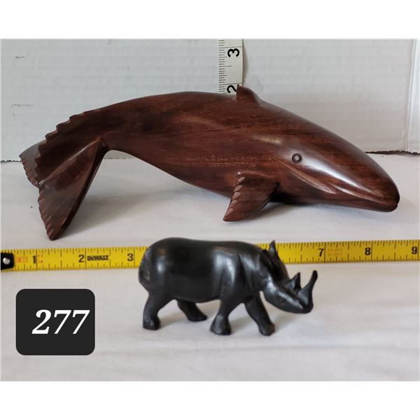 Black wood carved Rhino, iron wood whale.