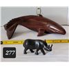 Image 1 : Black wood carved Rhino, iron wood whale.