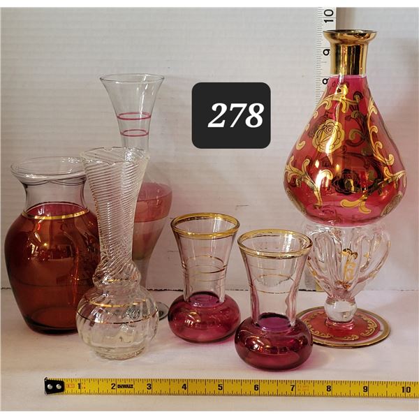 Vintage Bohemian glass wine decanter (no top} Cranberry & other gold trimmed glass.