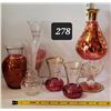 Image 1 : Vintage Bohemian glass wine decanter (no top} Cranberry & other gold trimmed glass.