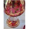 Image 3 : Vintage Bohemian glass wine decanter (no top} Cranberry & other gold trimmed glass.
