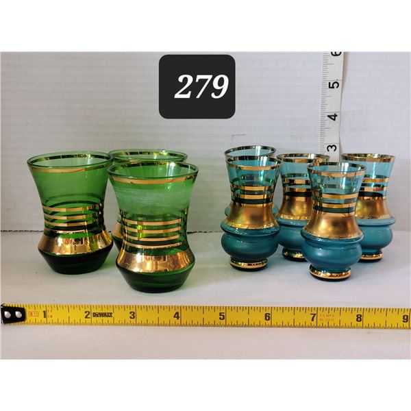1960's Czech Bohemia crystal vodka glasses. Turquoise, green with gold guild.