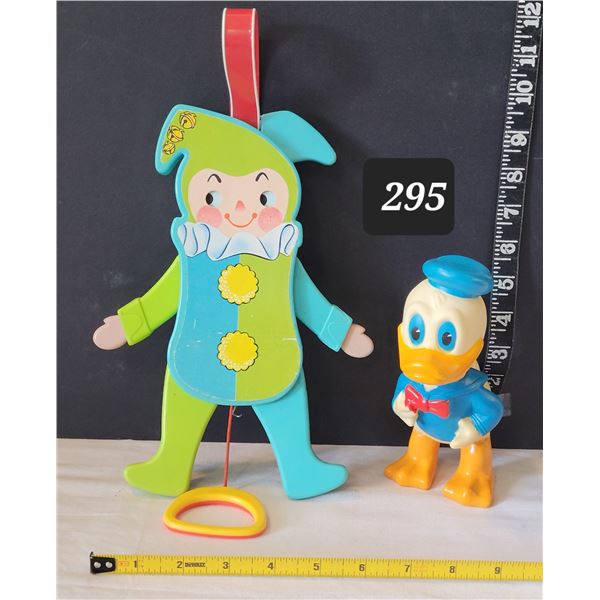 1969 Fisher-Price Jolly jumping jack, working.USA.  Disney 1980's rubber squeak toy. Japan.