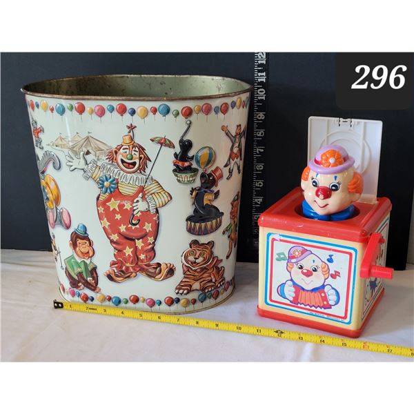 Vtg. Weibro circus embossed, steel waste basket,USA. 1988 Jack in the box.