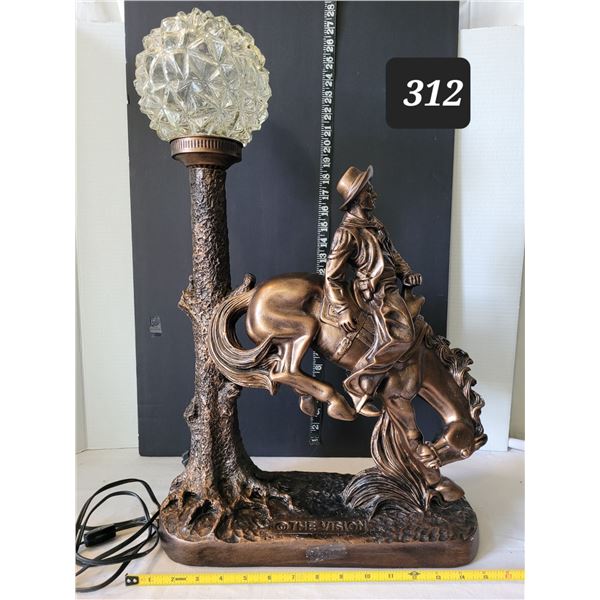 Vintage bronze colored “the Vision” cowboy on bucking bronco table lamp. Working, 
