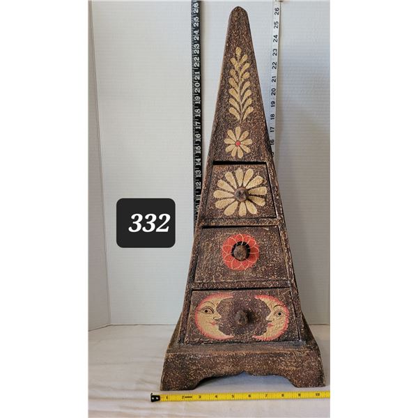 Pyramid chest of 3 drawers. Flowers, moon & sun. 23.5” high.