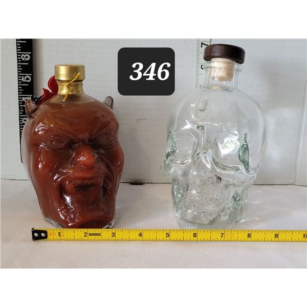 Crystal skull vodka & Devil hot sauce bottles.