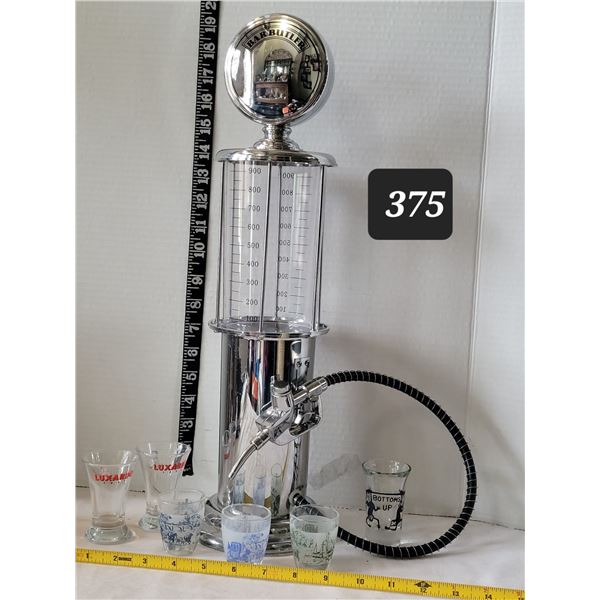 Bar Butler gas pump alcohol dispenser with midcentury shot glasses.