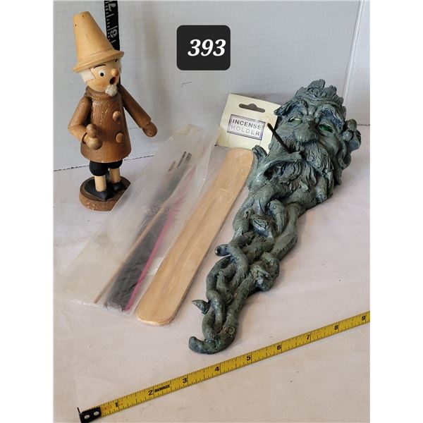 Incense burners & sticks. Green man stick burner & vintage wooden Norwegian cone burner.