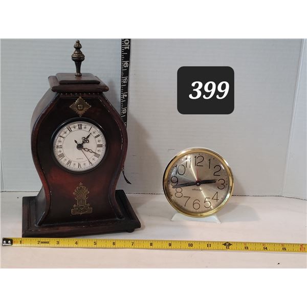 Westclox wind up alarm clock & wood electric clock with storage compartment.