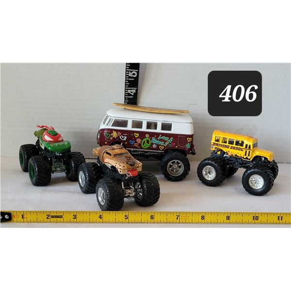 Monster Trucks. Ninja turtle, VW van, Hot wheels bus & mutt.