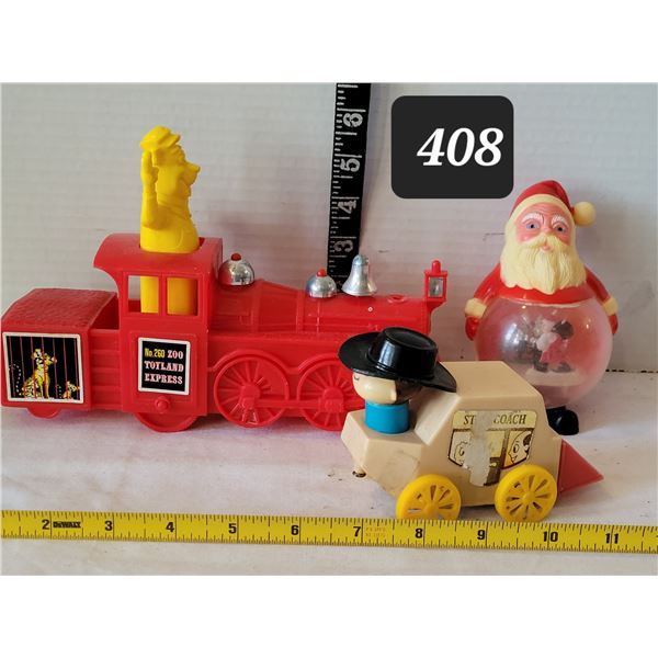 Vintage toys. Toyland has ringing bell. Santa & stage coach.